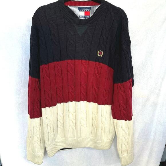 Vintage Tommy Hilfiger Men’s Cable knit Colorblock Flag Sweater Sz XL Y2K 90s
